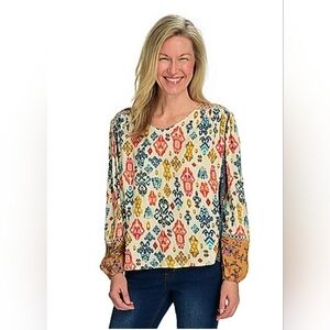 FARMERS MARKET by One World Mix Ikat Printed Woven Crochet Detailed Blouse Ivory